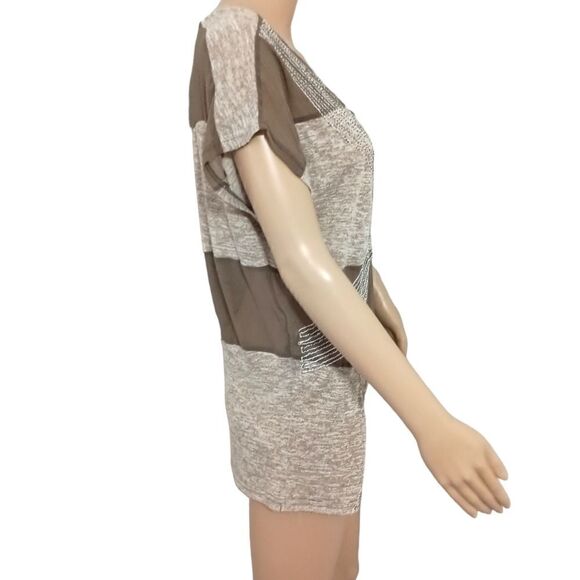 Y2K MISS ME Sheer Beaded Top S Short Sleeve Striped Relaxed V Neck Jersey Knit. - Picture 2 of 16